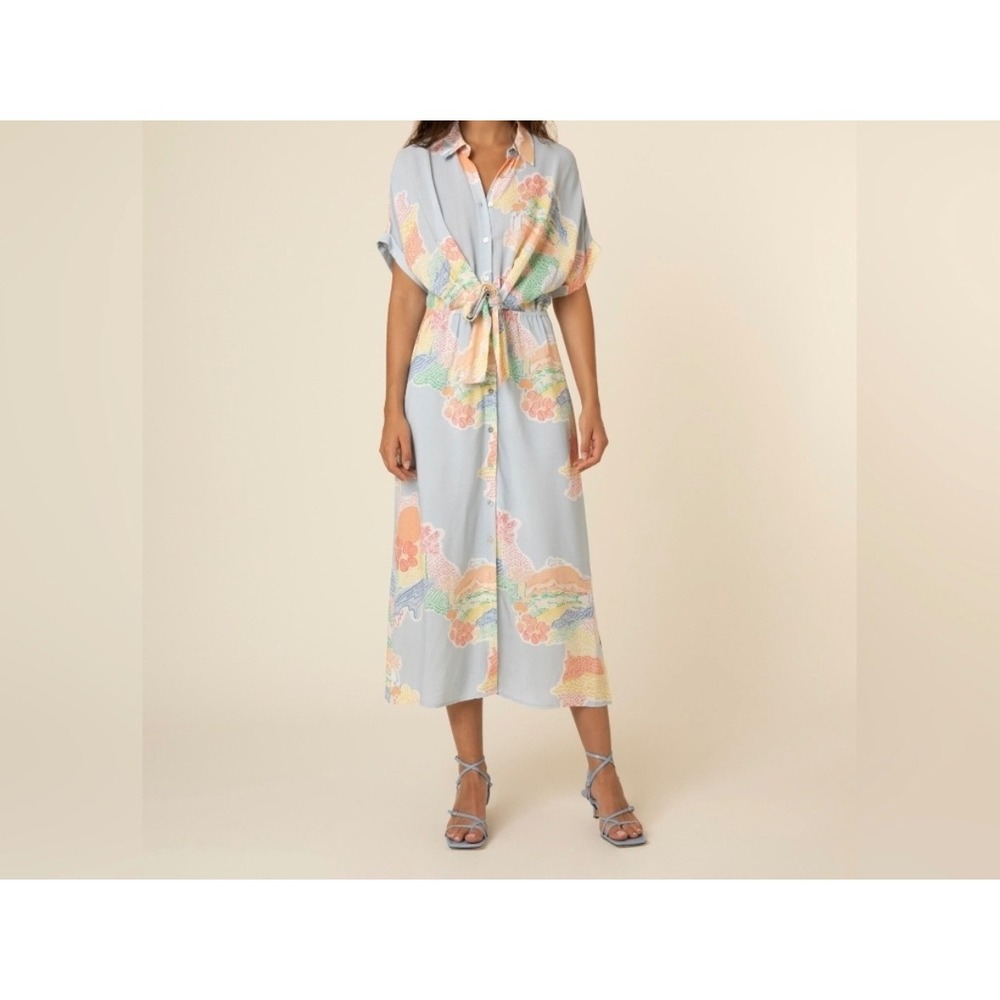 Frnch Paris Diana Abstract Print Midi‎ Dress Womens Blue Short Sleeve Viscose